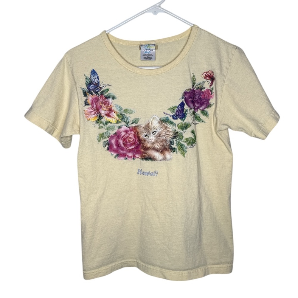 Cotton Soft Vintage Kitten Hawaii Yellow MFG By Air Waves Joan Marie Shirt Small